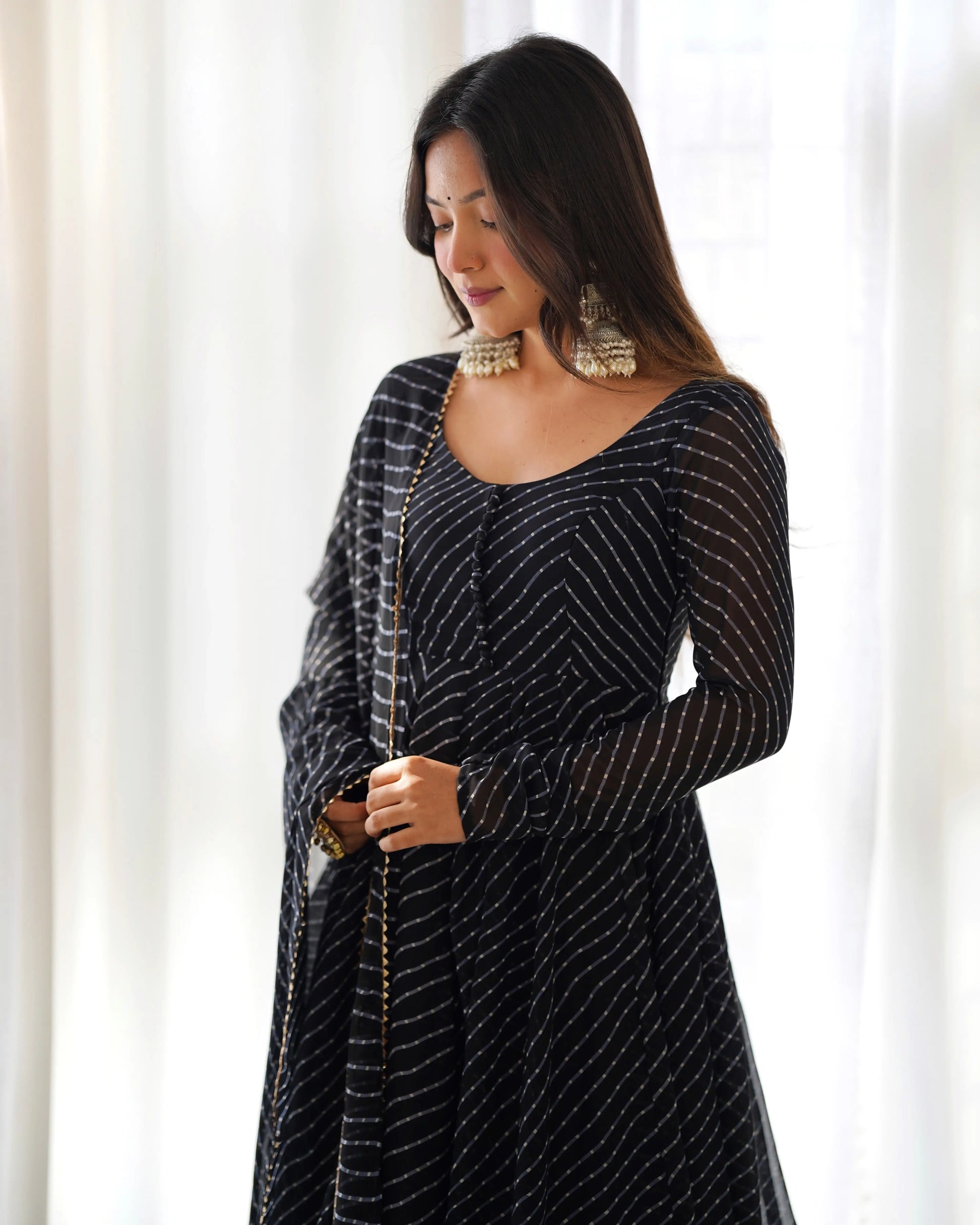 Fox Georgette Laheriya Print Anarkali Set with Lace Dupatta