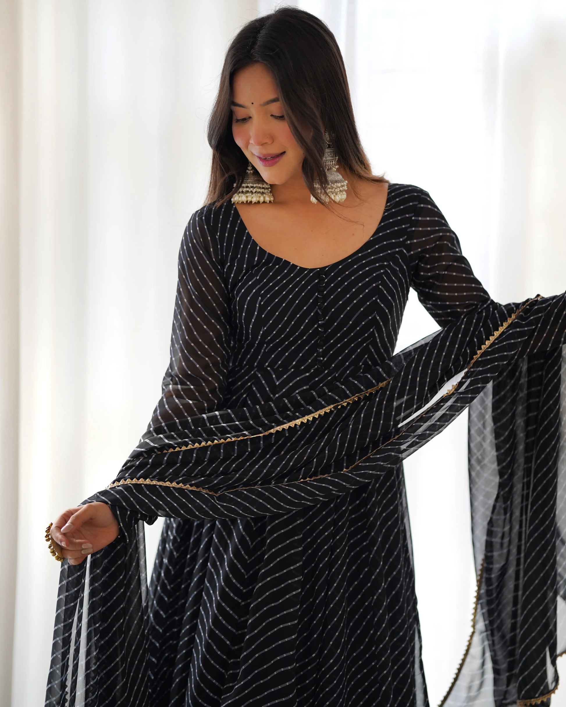 Fox Georgette Laheriya Print Anarkali Set with Lace Dupatta