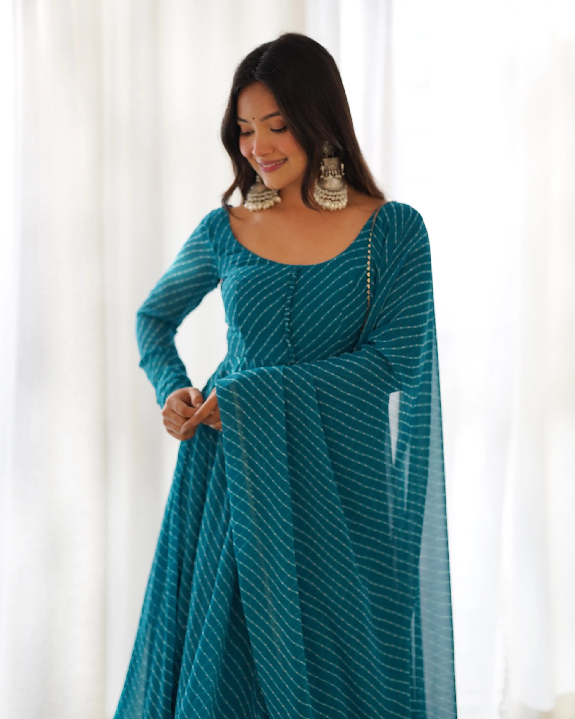 Fox Georgette Laheriya Print Anarkali Set with Lace Dupatta