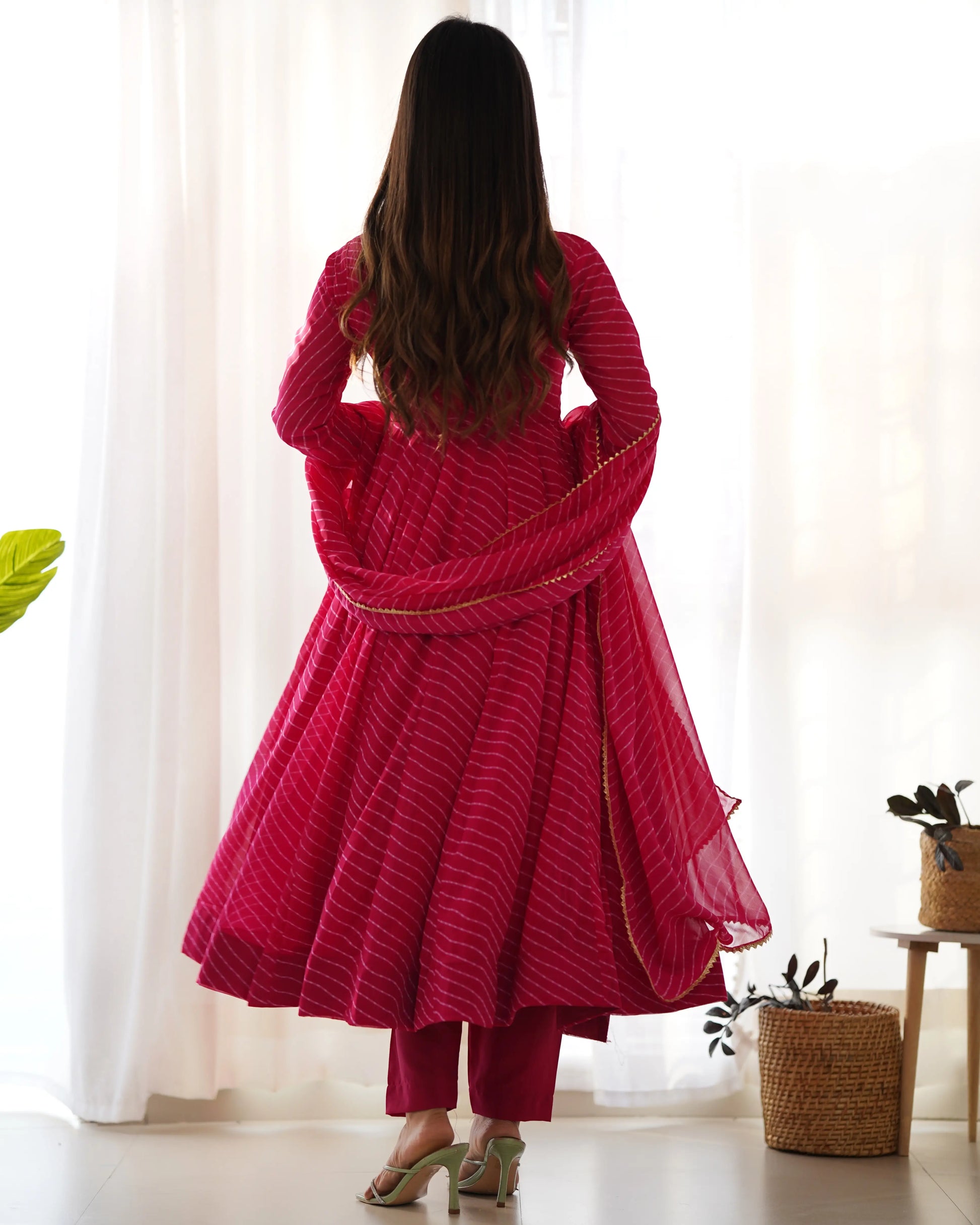 Fox Georgette Laheriya Print Anarkali Set with Lace Dupatta