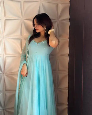 Fox Georgette Mirror Work Gown Set with Dupatta