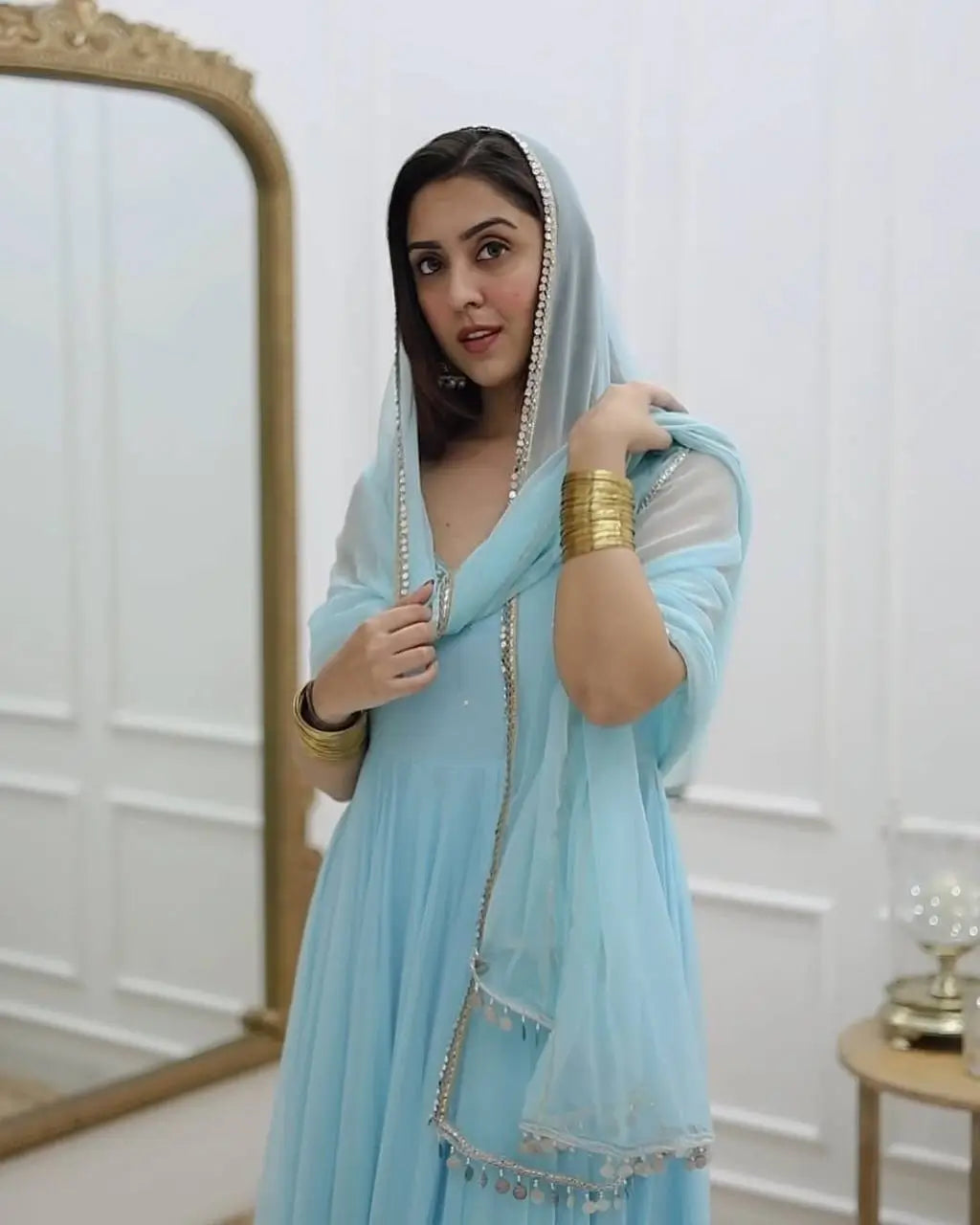 Fox Georgette Mirror Work Gown Set with Dupatta