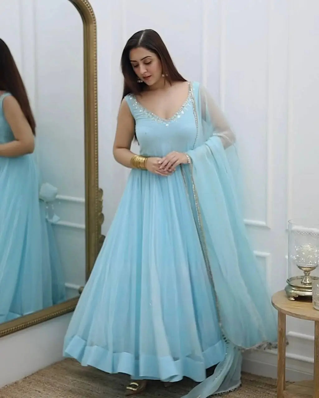 Fox Georgette Mirror Work Gown Set with Dupatta