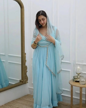 Fox Georgette Mirror Work Gown Set with Dupatta