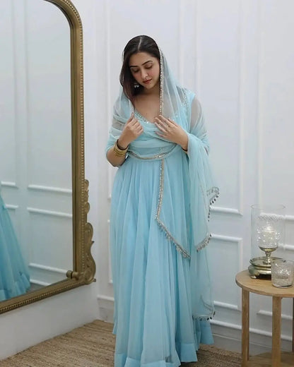 Fox Georgette Mirror Work Gown Set with Dupatta