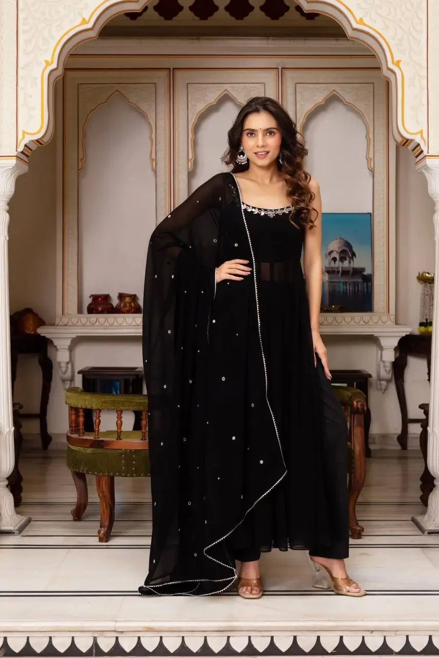 Fox Georgette Mirror Work Kurta Set with Palazzo & Dupatta – Hand Embroidery Detailing