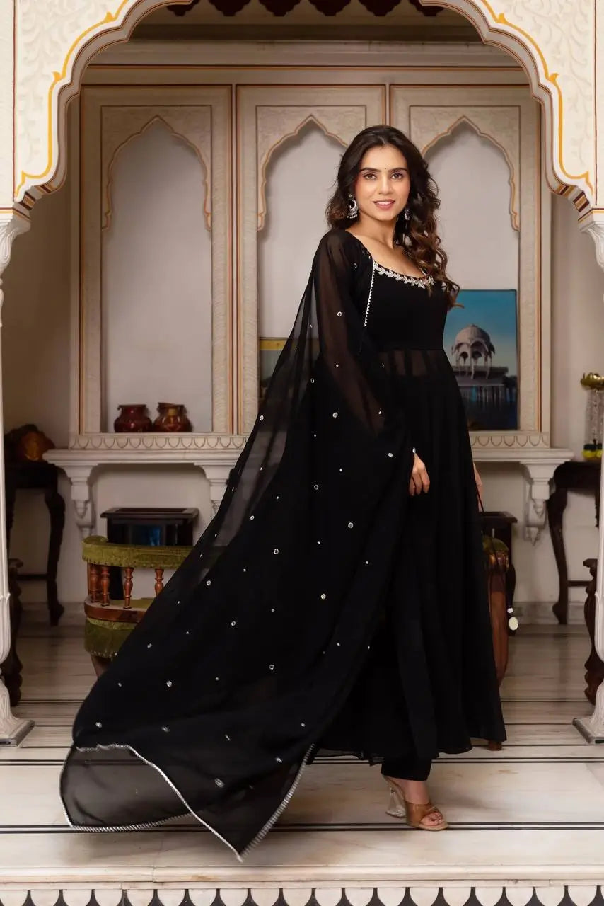 Fox Georgette Mirror Work Kurta Set with Palazzo & Dupatta – Hand Embroidery Detailing