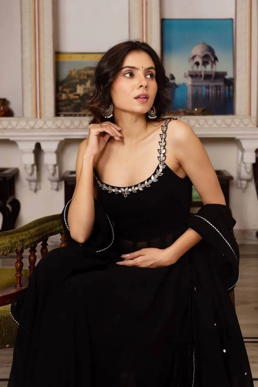 Fox Georgette Mirror Work Kurta Set with Palazzo & Dupatta – Hand Embroidery Detailing