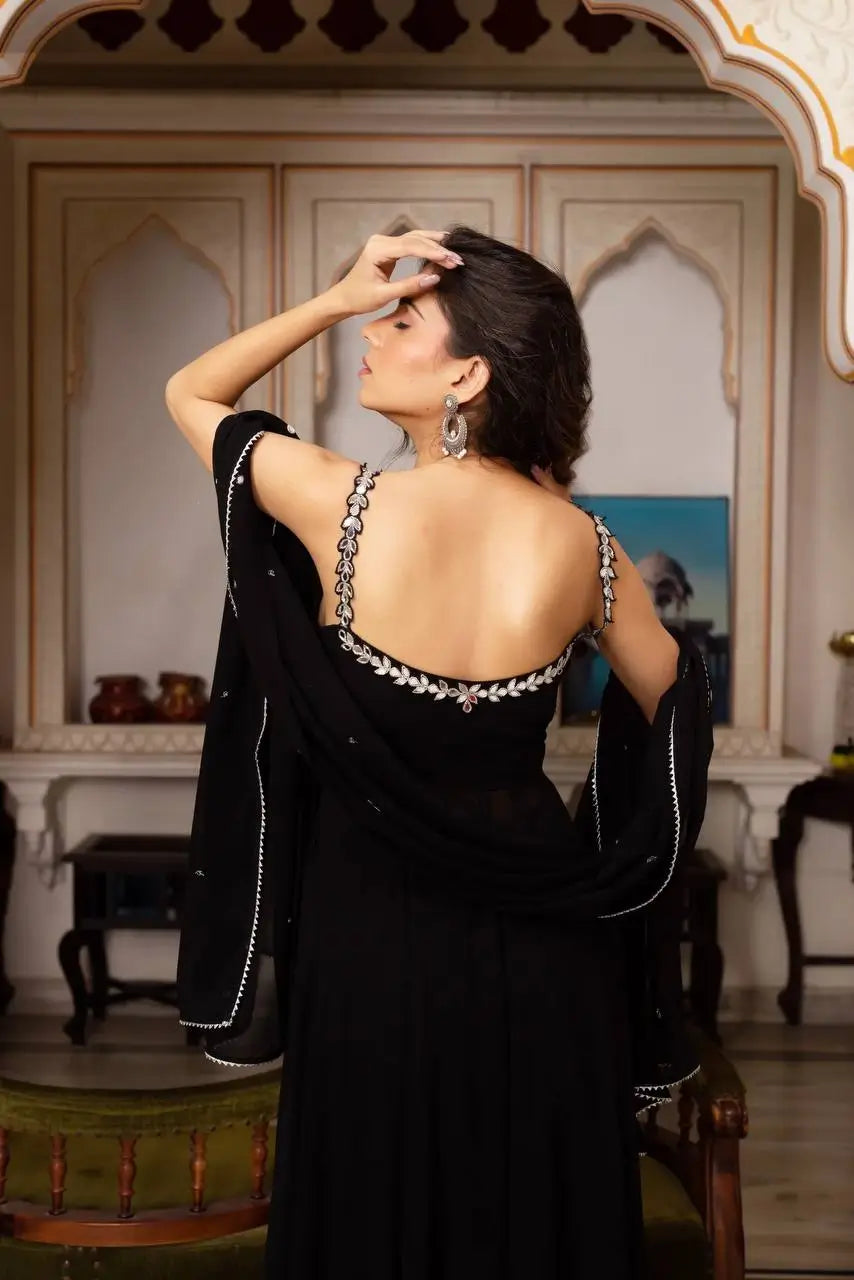 Fox Georgette Mirror Work Kurta Set with Palazzo & Dupatta – Hand Embroidery Detailing