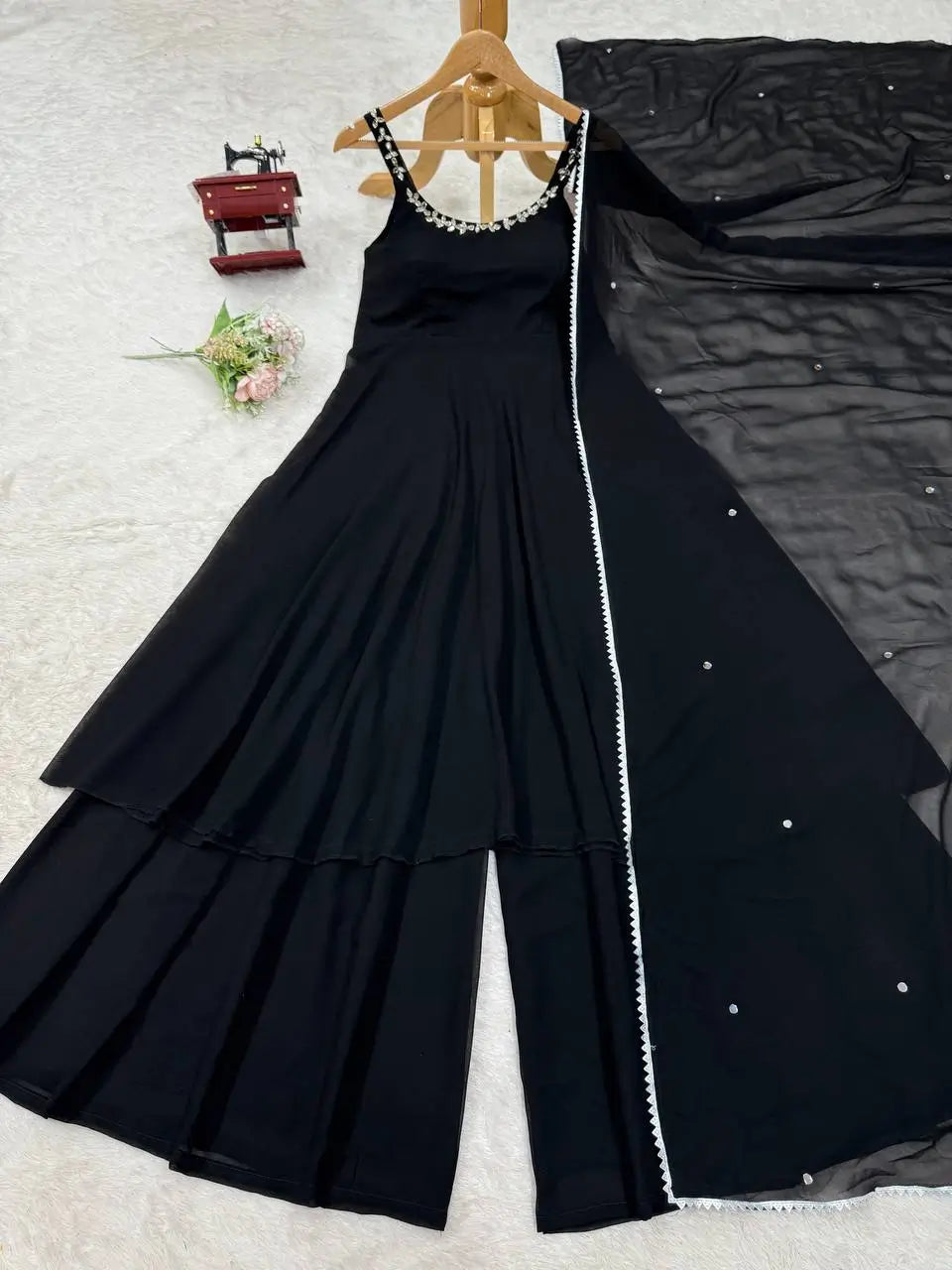 Fox Georgette Mirror Work Kurta Set with Palazzo & Dupatta – Hand Embroidery Detailing