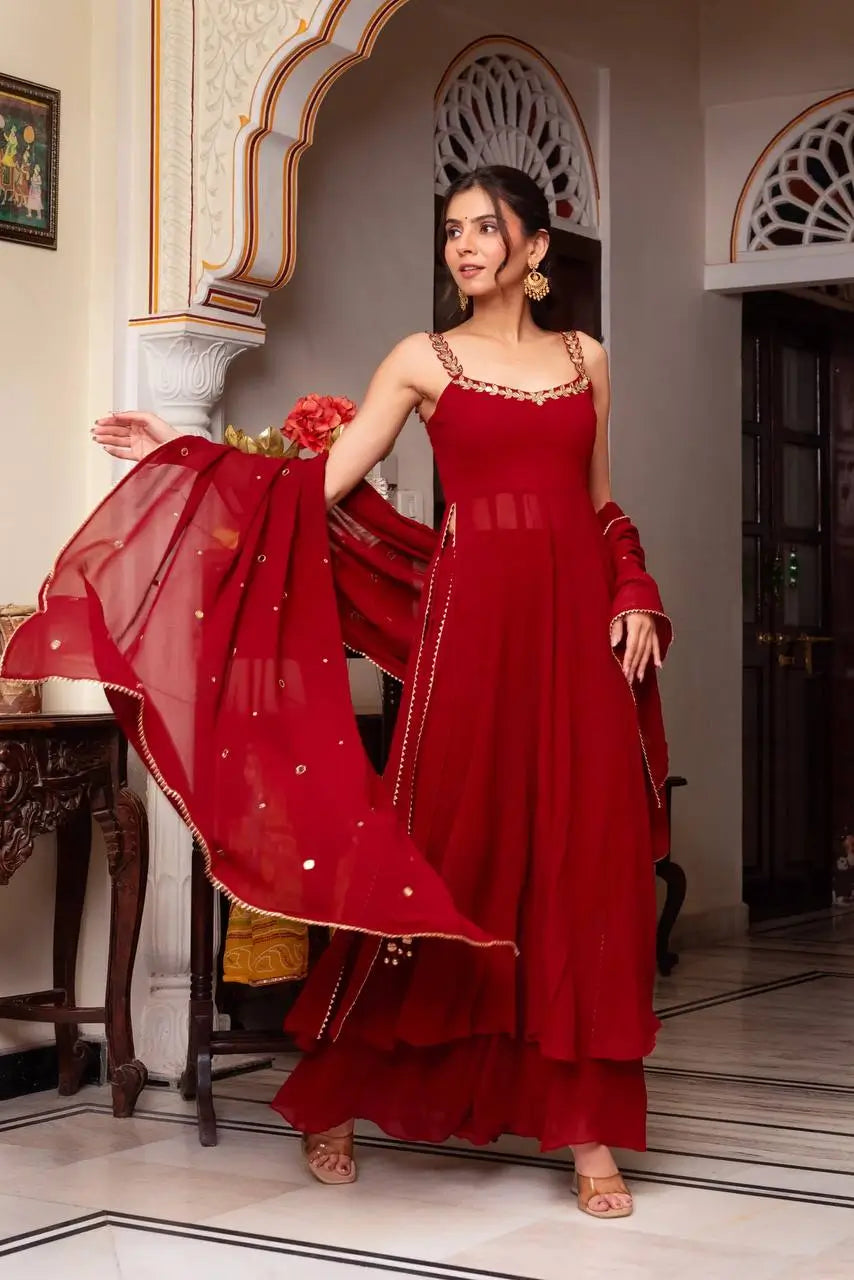 Fox Georgette Mirror Work Kurta Set with Palazzo & Dupatta – Hand Embroidery Detailing