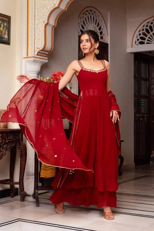 Fox Georgette Mirror Work Kurta Set with Palazzo & Dupatta – Hand Embroidery Detailing
