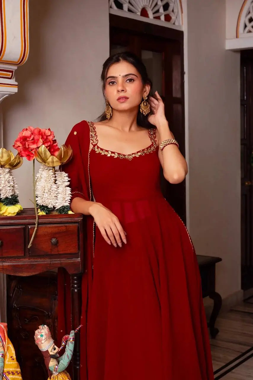 Fox Georgette Mirror Work Kurta Set with Palazzo & Dupatta – Hand Embroidery Detailing