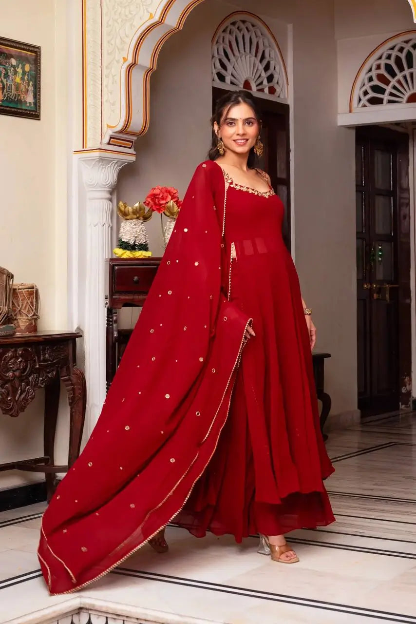 Fox Georgette Mirror Work Kurta Set with Palazzo & Dupatta – Hand Embroidery Detailing