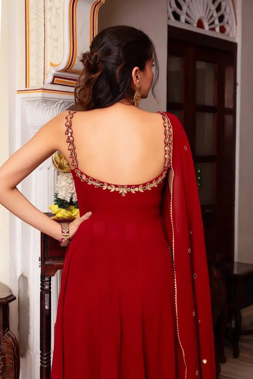 Fox Georgette Mirror Work Kurta Set with Palazzo & Dupatta – Hand Embroidery Detailing