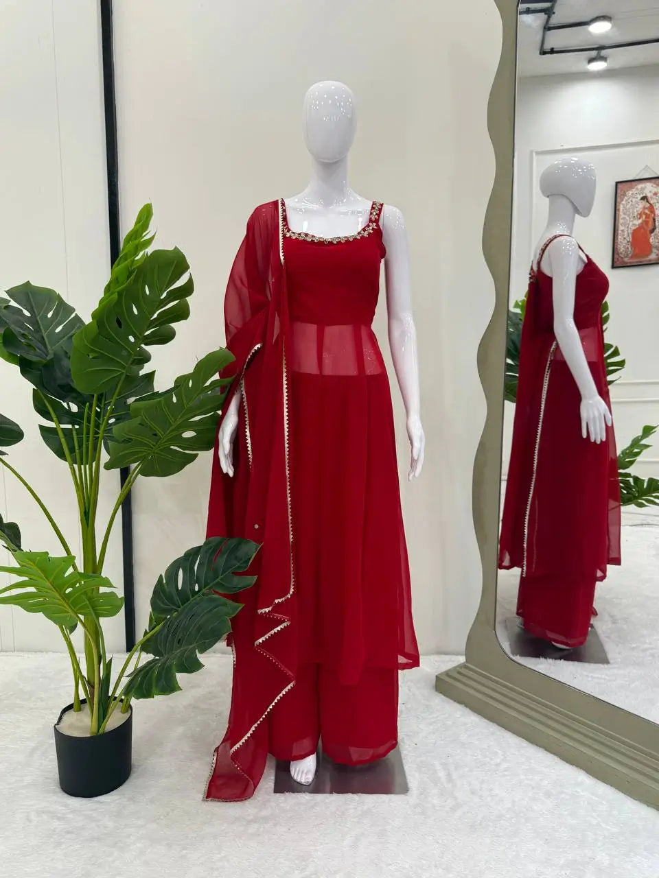 Fox Georgette Mirror Work Kurta Set with Palazzo & Dupatta – Hand Embroidery Detailing