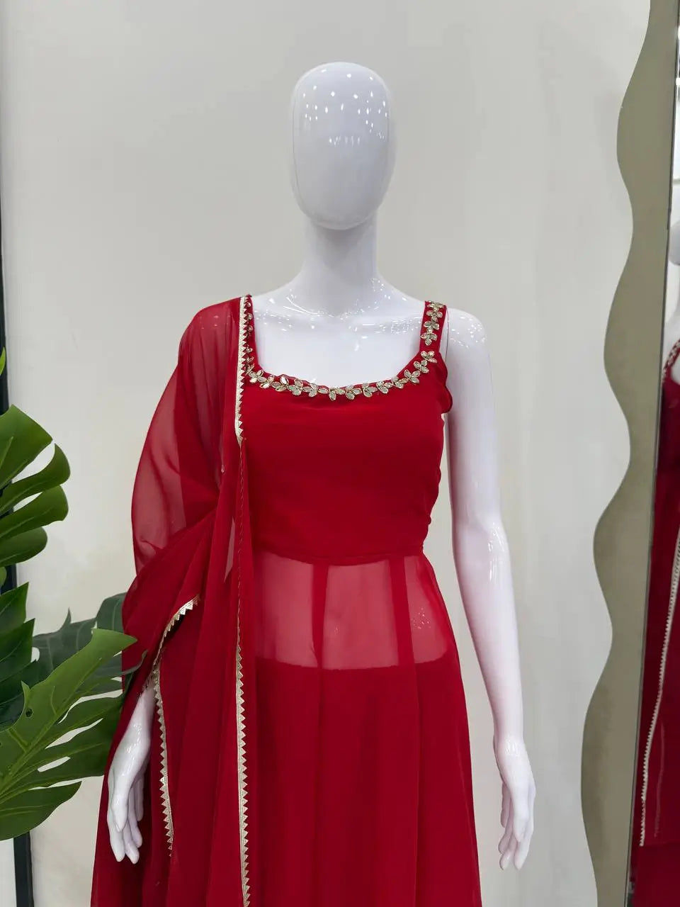Fox Georgette Mirror Work Kurta Set with Palazzo & Dupatta – Hand Embroidery Detailing