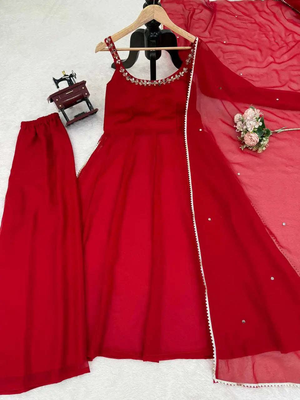 Fox Georgette Mirror Work Kurta Set with Palazzo & Dupatta – Hand Embroidery Detailing