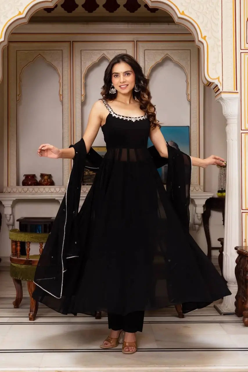 Fox Georgette Mirror Work Kurta Set with Palazzo & Dupatta – Hand Embroidery Detailing