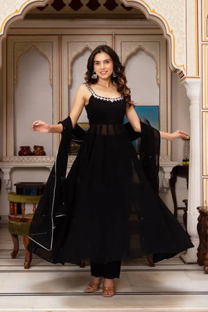 Fox Georgette Mirror Work Kurta Set with Palazzo & Dupatta – Hand Embroidery Detailing