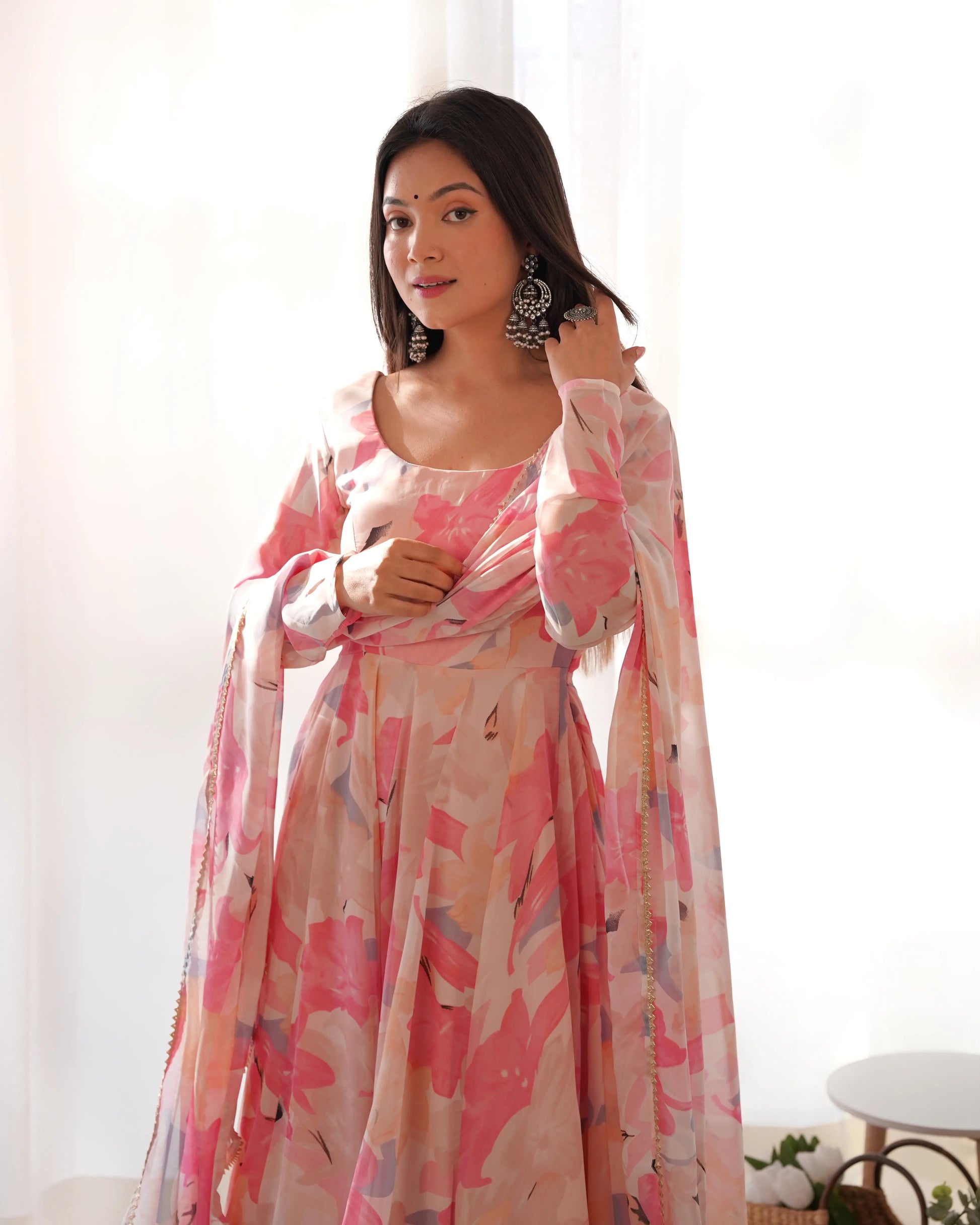 Fox Georgette Multi-Floral Anarkali Set with Triangle Lace Dupatta