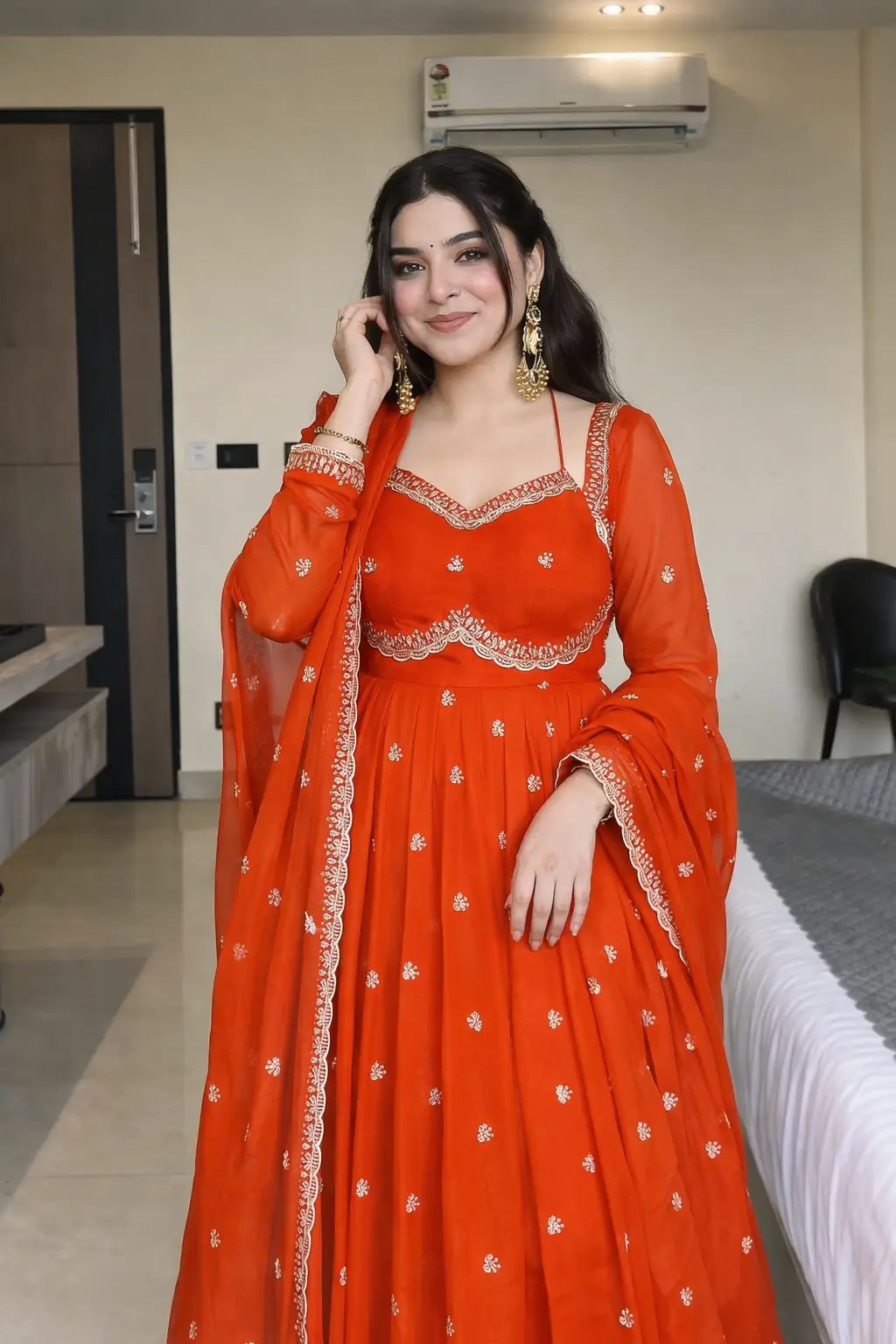 Fox Georgette Umbrella Gown Set with Embroidered Dupatta for Festive and Party Wear