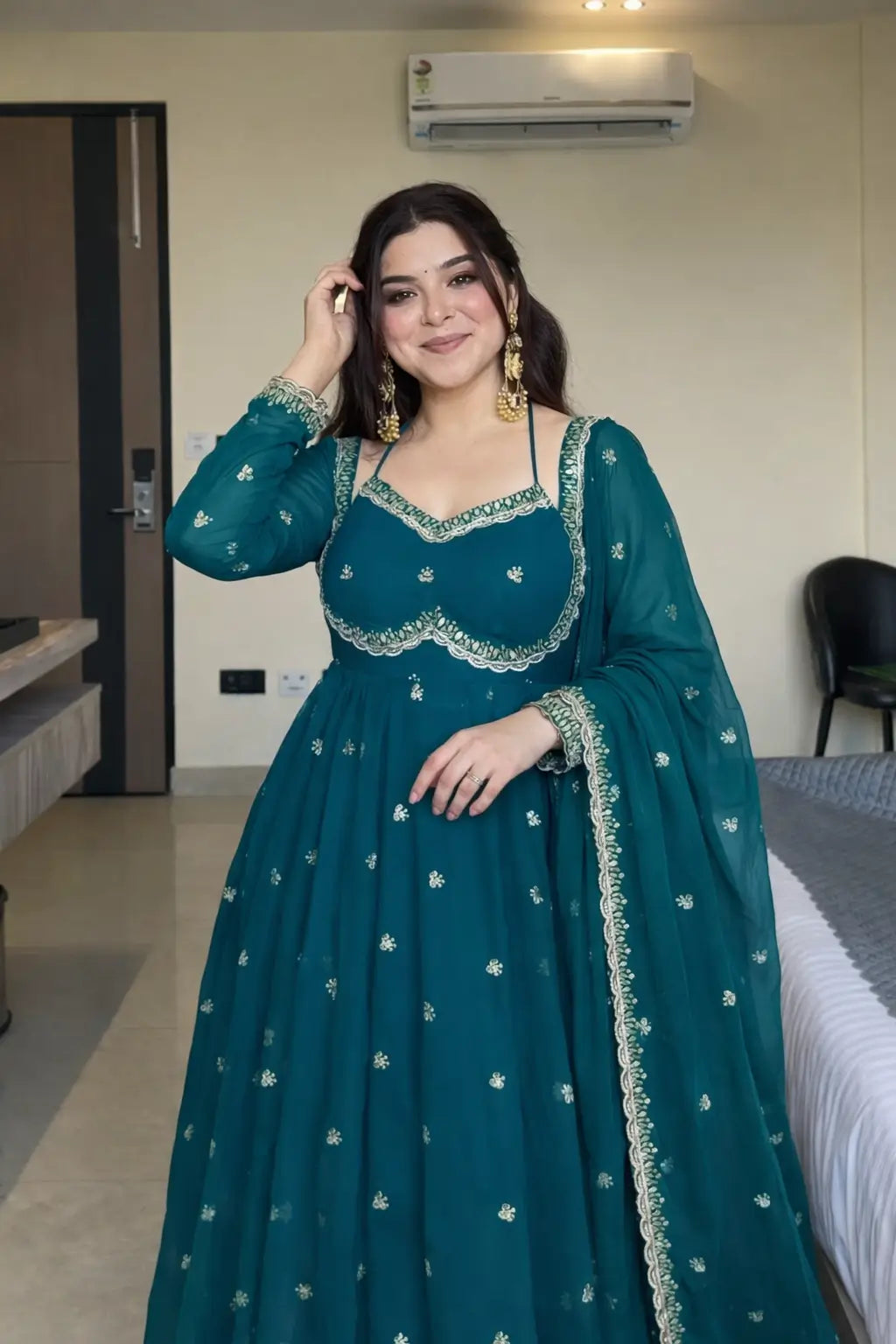 Fox Georgette Umbrella Gown Set with Embroidered Dupatta for Festive and Party Wear