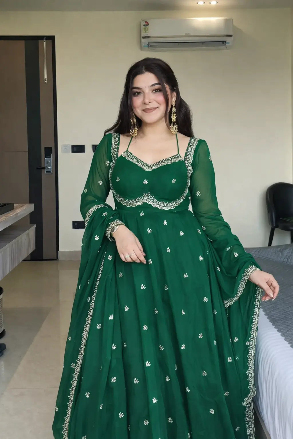 Fox Georgette Umbrella Gown Set with Embroidered Dupatta for Festive and Party Wear