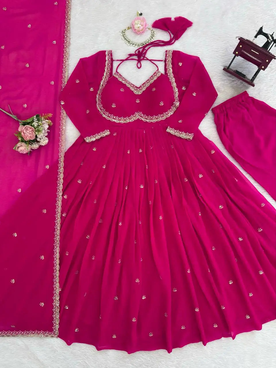 Fox Georgette Umbrella Gown Set with Embroidered Dupatta for Festive and Party Wear