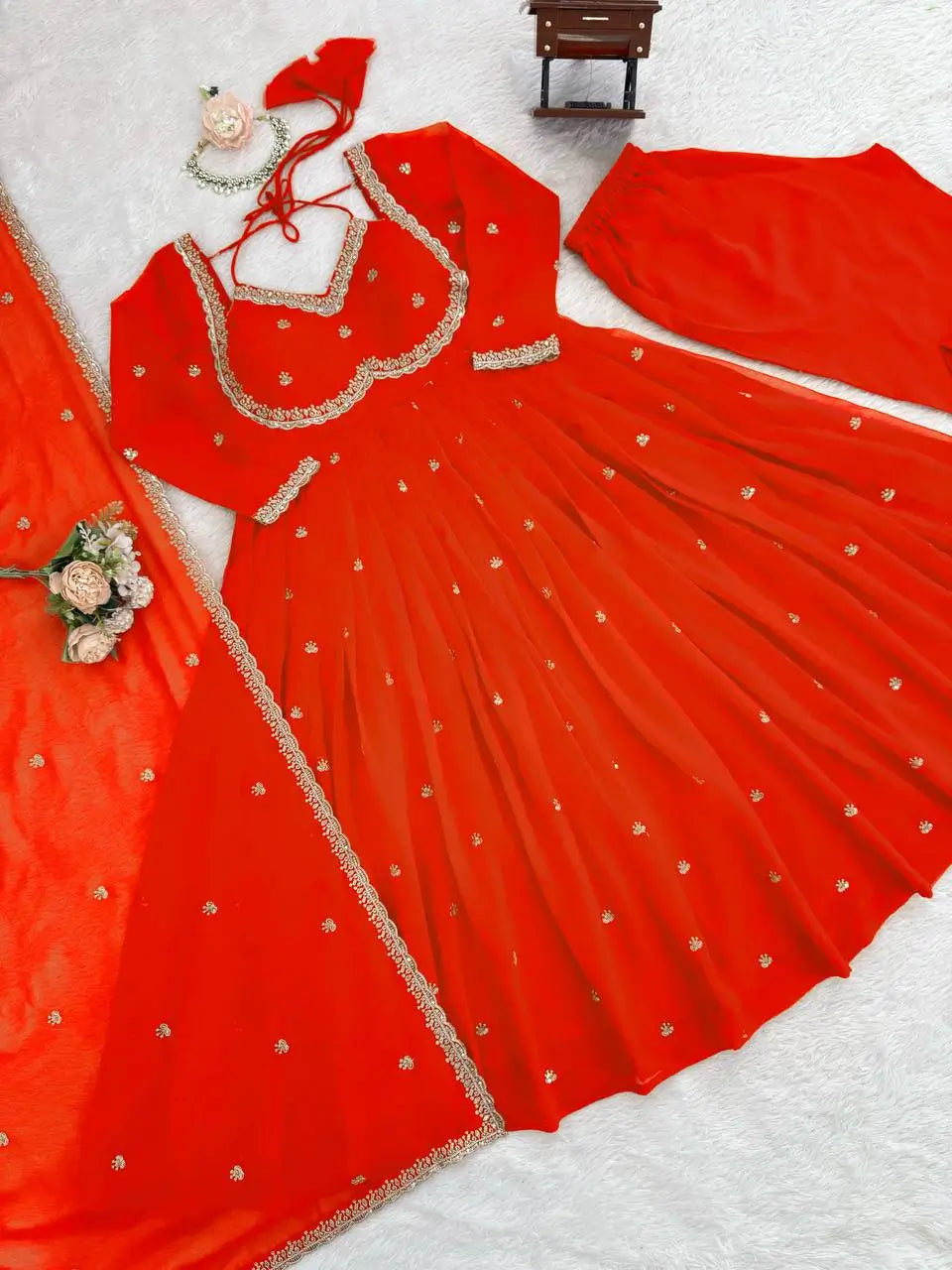 Fox Georgette Umbrella Gown Set with Embroidered Dupatta for Festive and Party Wear