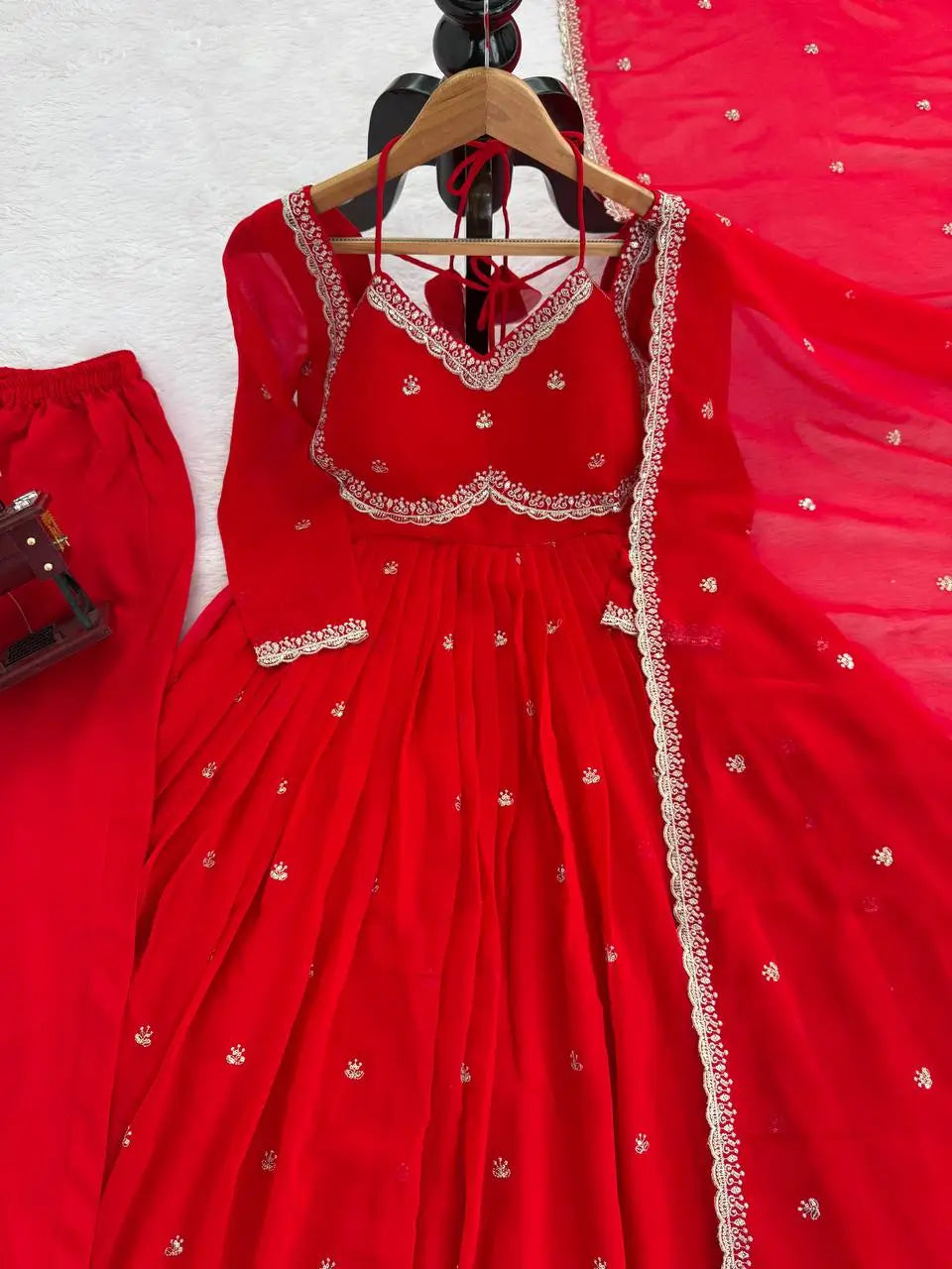 Fox Georgette Umbrella Gown Set with Embroidered Dupatta for Festive and Party Wear