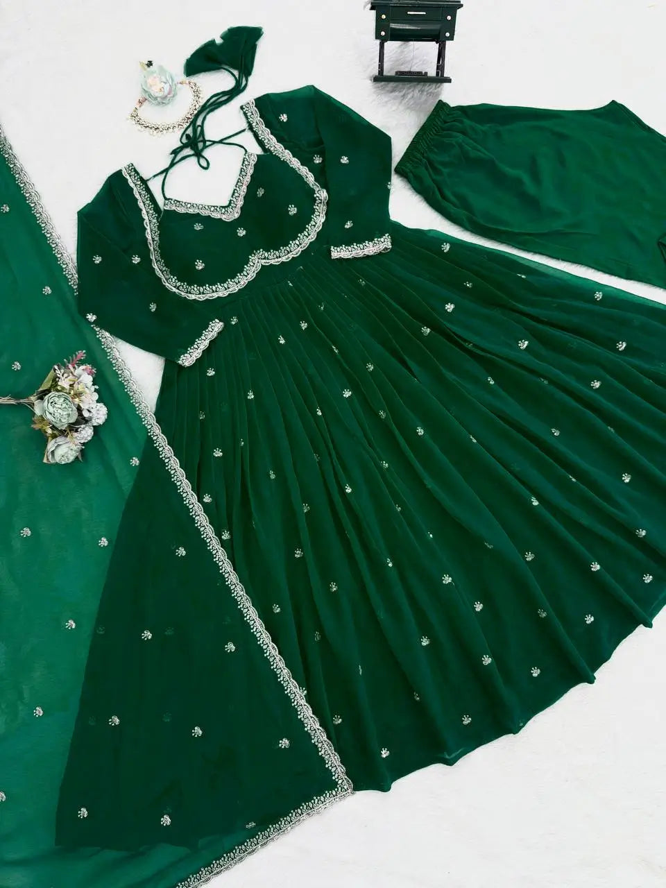 Fox Georgette Umbrella Gown Set with Embroidered Dupatta for Festive and Party Wear