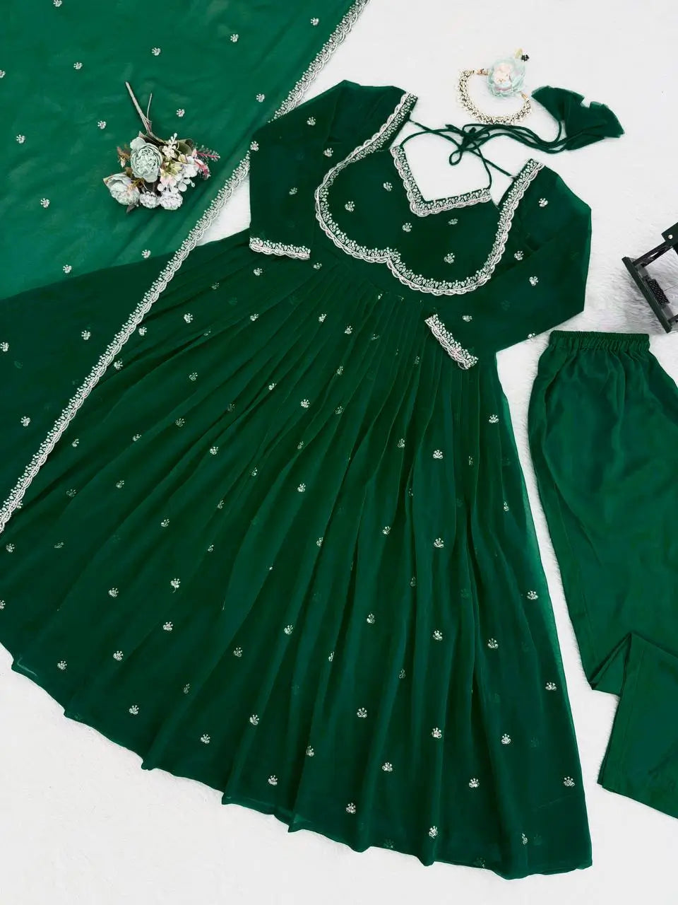 Fox Georgette Umbrella Gown Set with Embroidered Dupatta for Festive and Party Wear