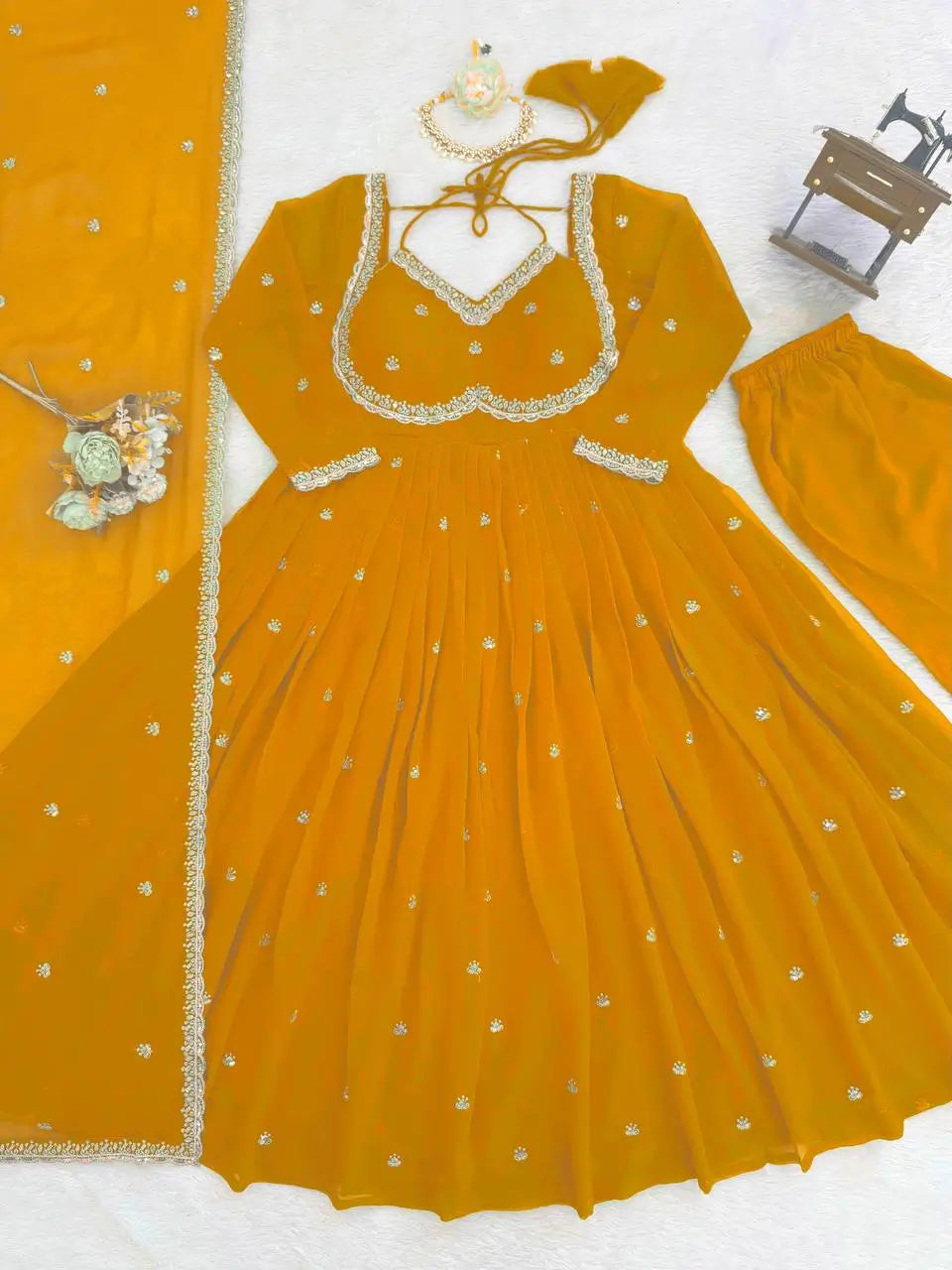 Fox Georgette Umbrella Gown Set with Embroidered Dupatta for Festive and Party Wear