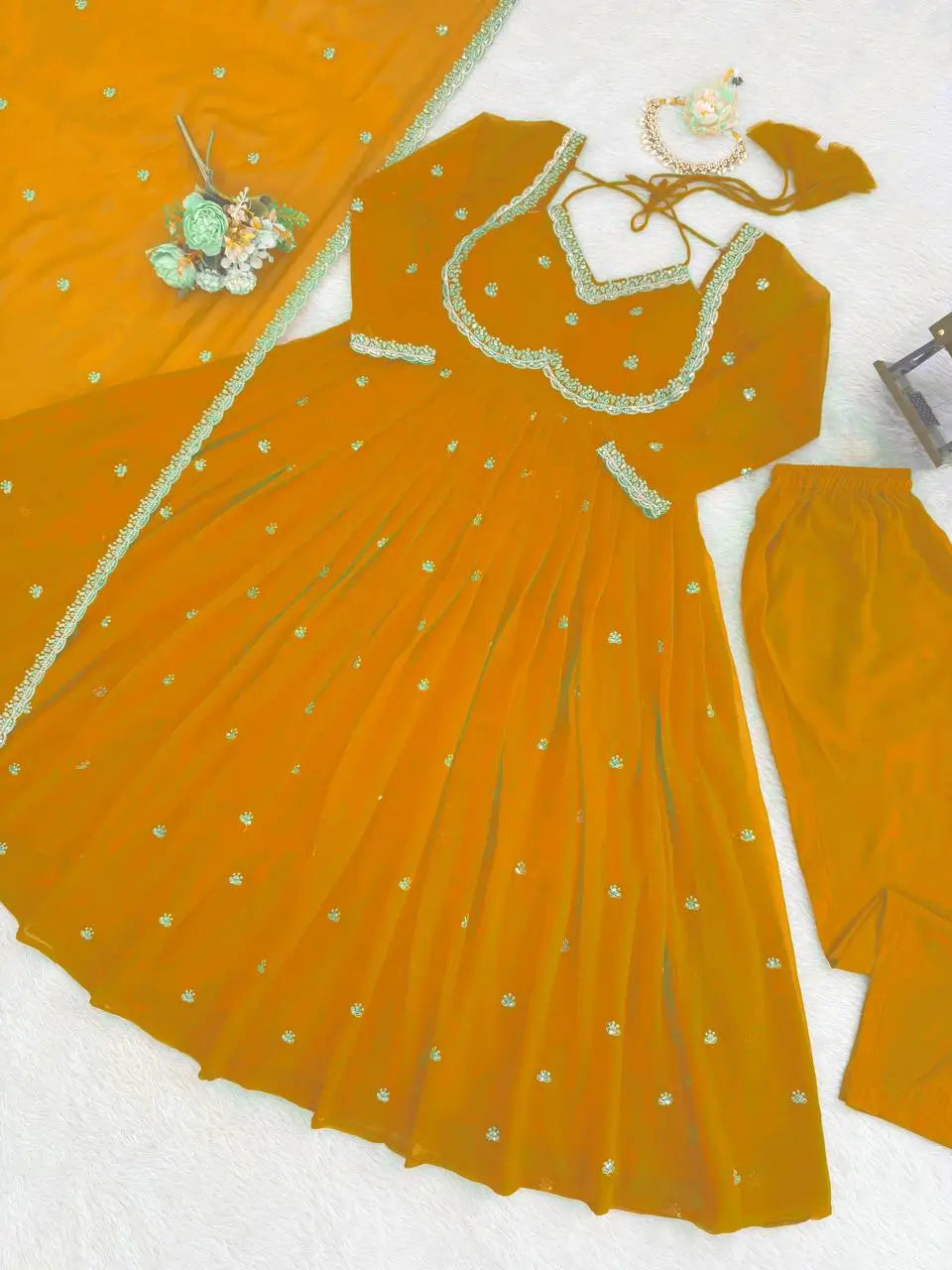Fox Georgette Umbrella Gown Set with Embroidered Dupatta for Festive and Party Wear