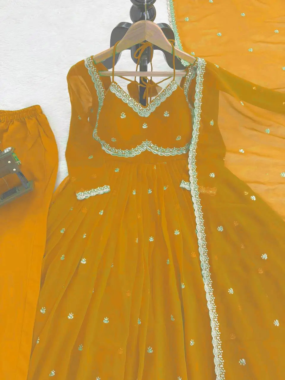 Fox Georgette Umbrella Gown Set with Embroidered Dupatta for Festive and Party Wear
