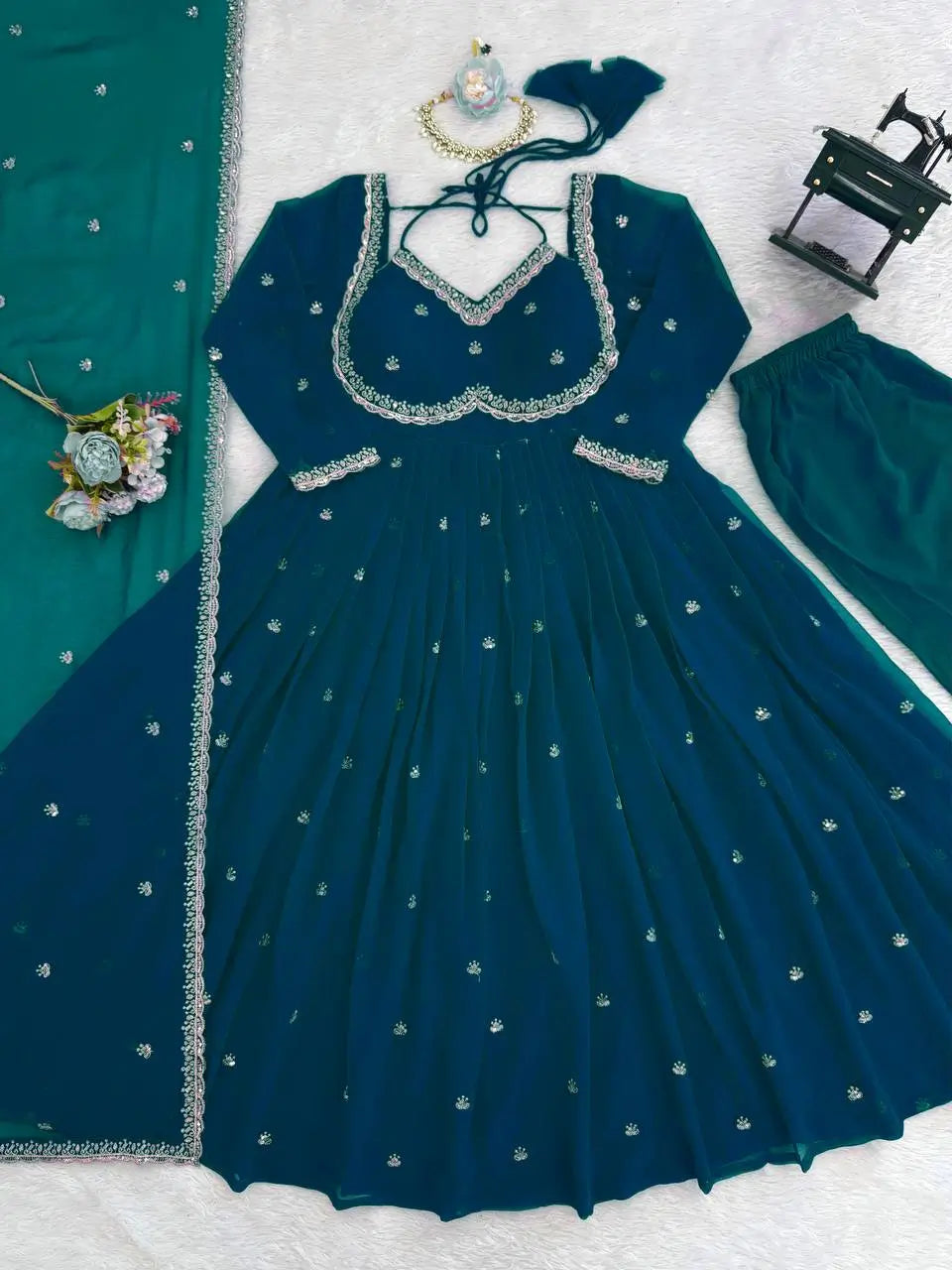 Fox Georgette Umbrella Gown Set with Embroidered Dupatta for Festive and Party Wear