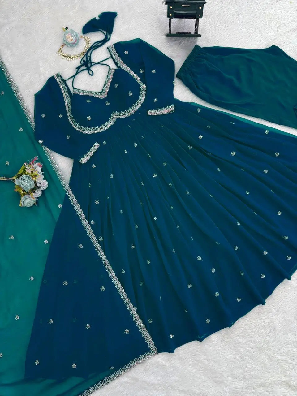 Fox Georgette Umbrella Gown Set with Embroidered Dupatta for Festive and Party Wear
