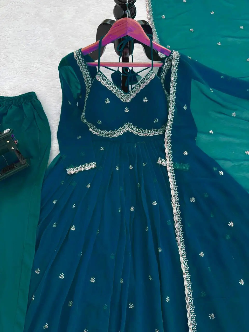 Fox Georgette Umbrella Gown Set with Embroidered Dupatta for Festive and Party Wear