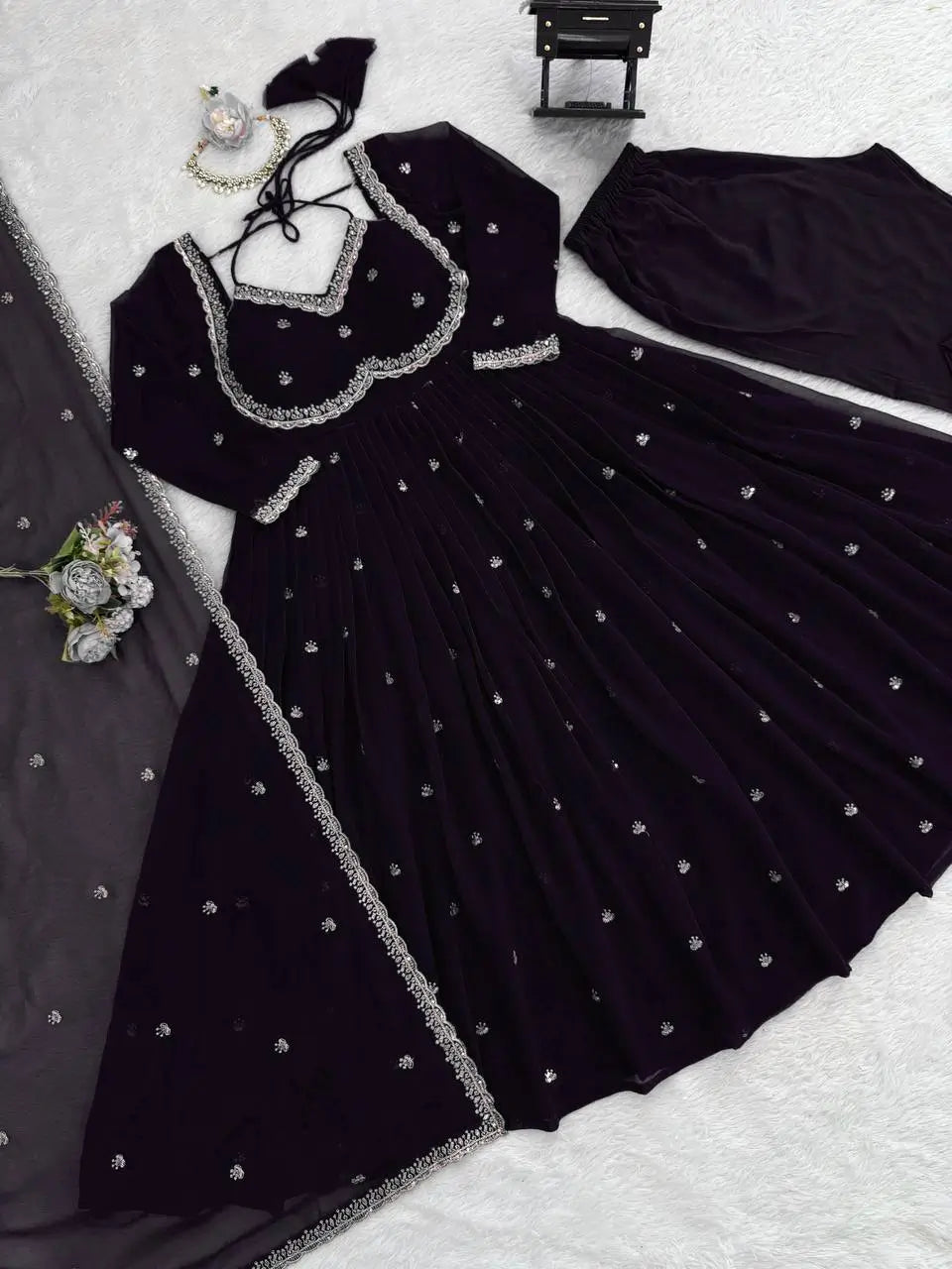 Fox Georgette Umbrella Gown Set with Embroidered Dupatta for Festive and Party Wear