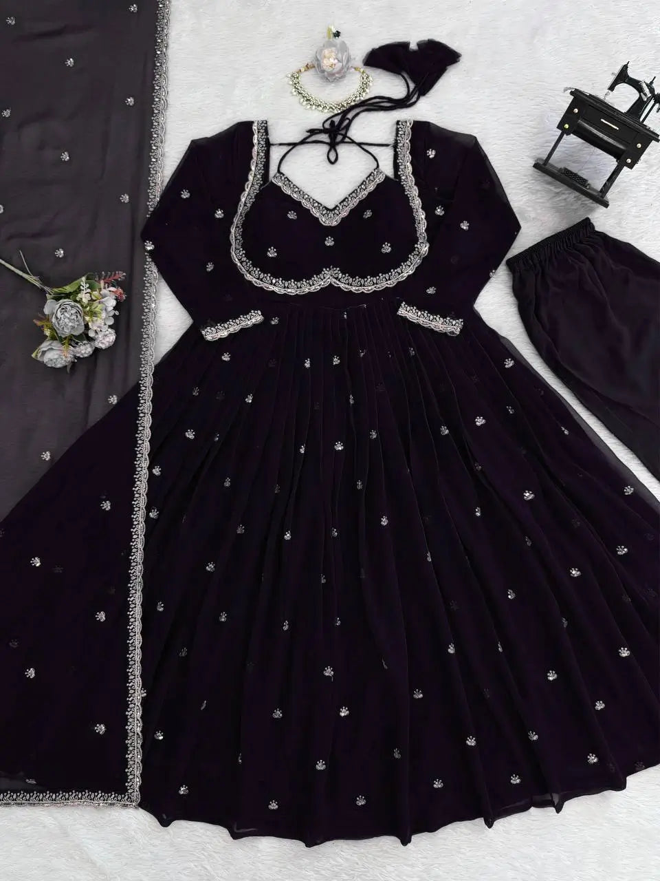 Fox Georgette Umbrella Gown Set with Embroidered Dupatta for Festive and Party Wear