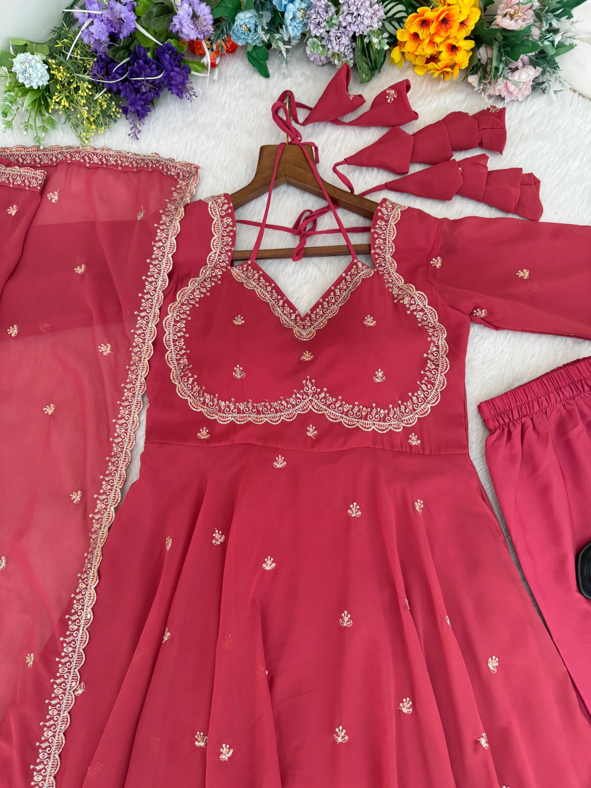 Fox Georgette Umbrella Gown Set with Embroidered Dupatta for Festive and Party Wear