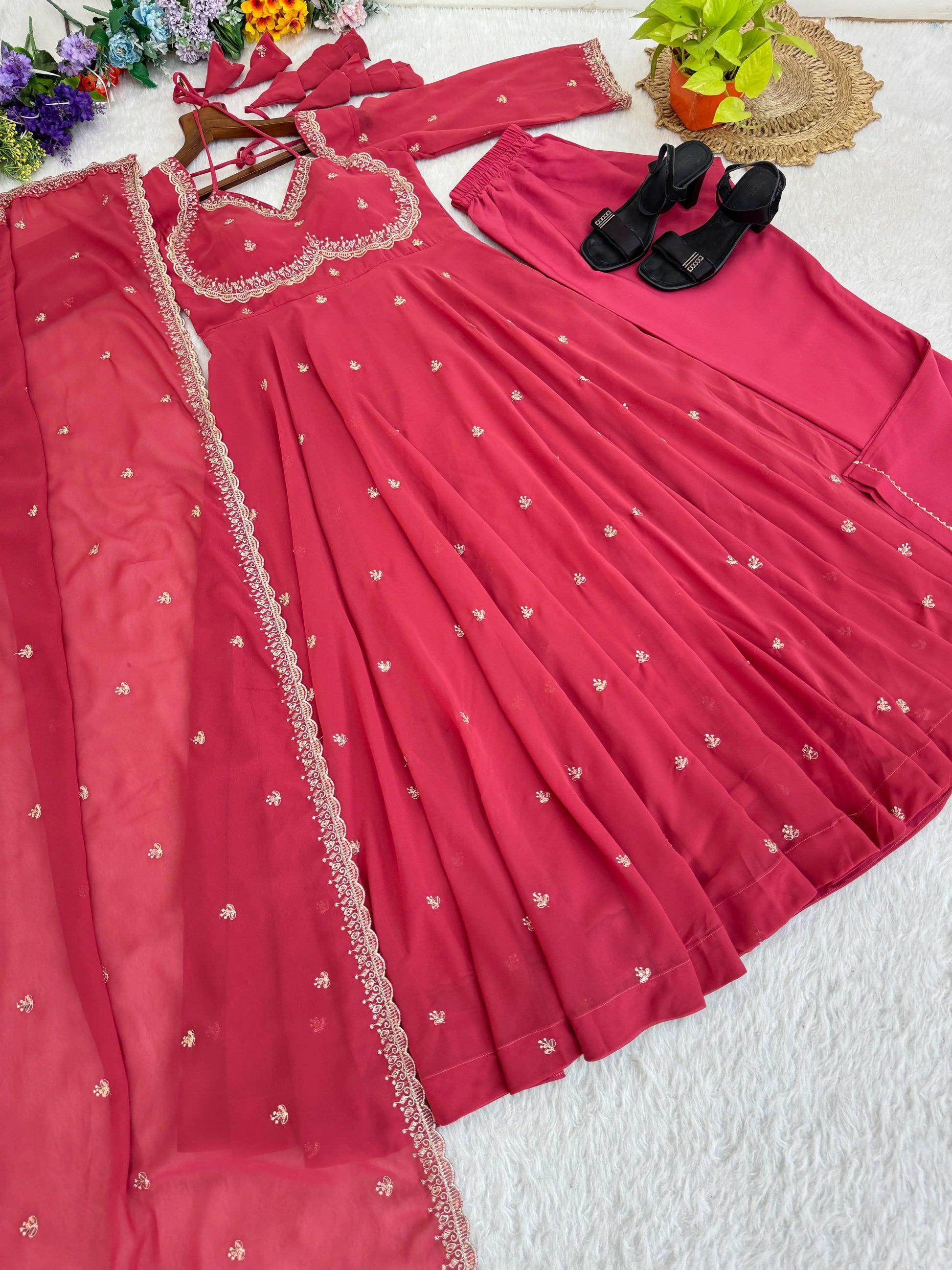 Fox Georgette Umbrella Gown Set with Embroidered Dupatta for Festive and Party Wear