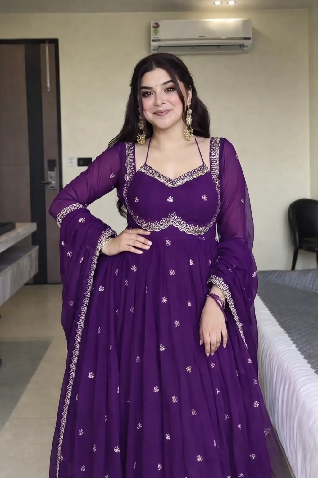 Fox Georgette Umbrella Gown Set with Embroidered Dupatta for Festive and Party Wear