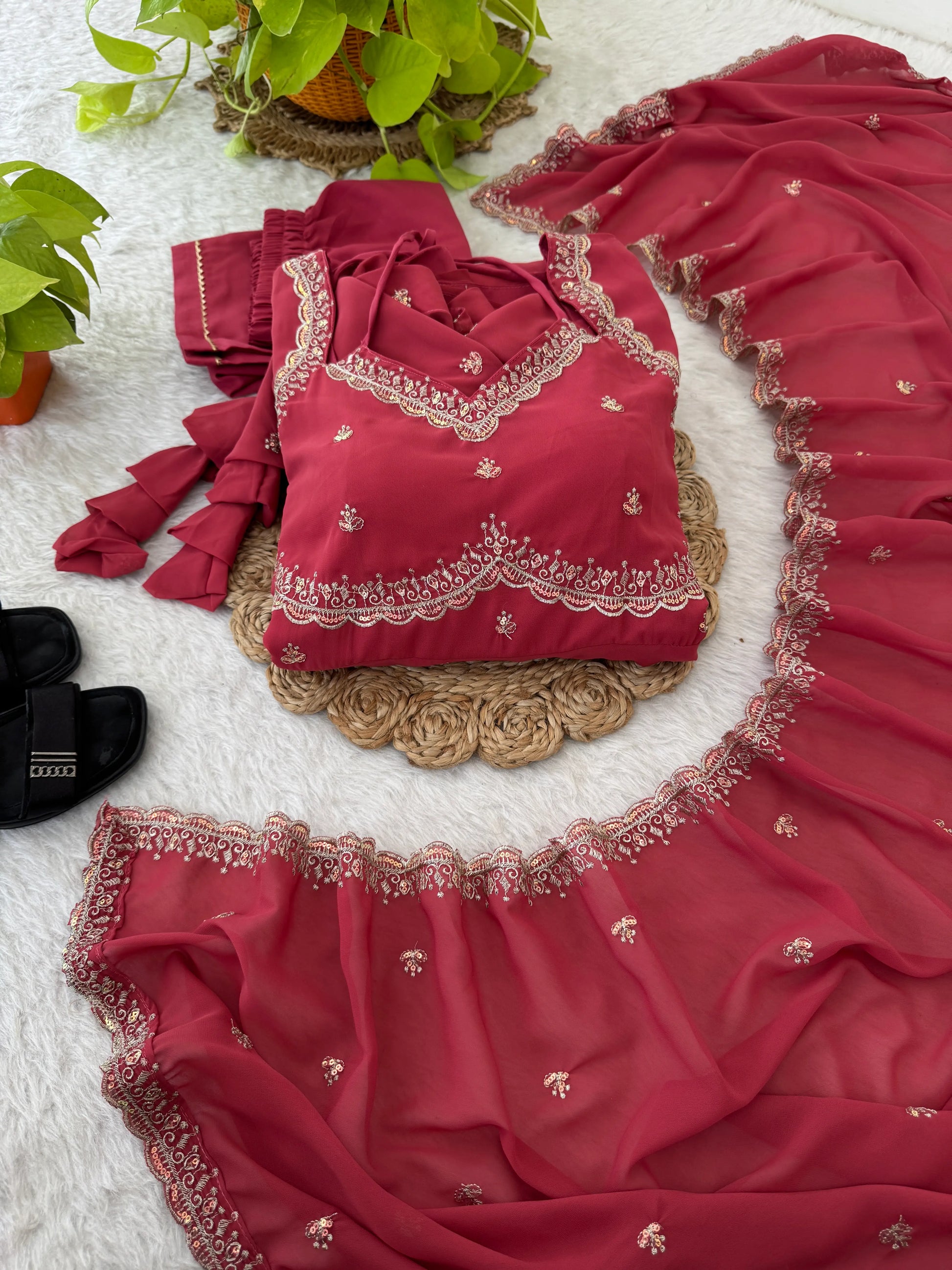 Fox Georgette Umbrella Gown Set with Embroidered Dupatta for Festive and Party Wear