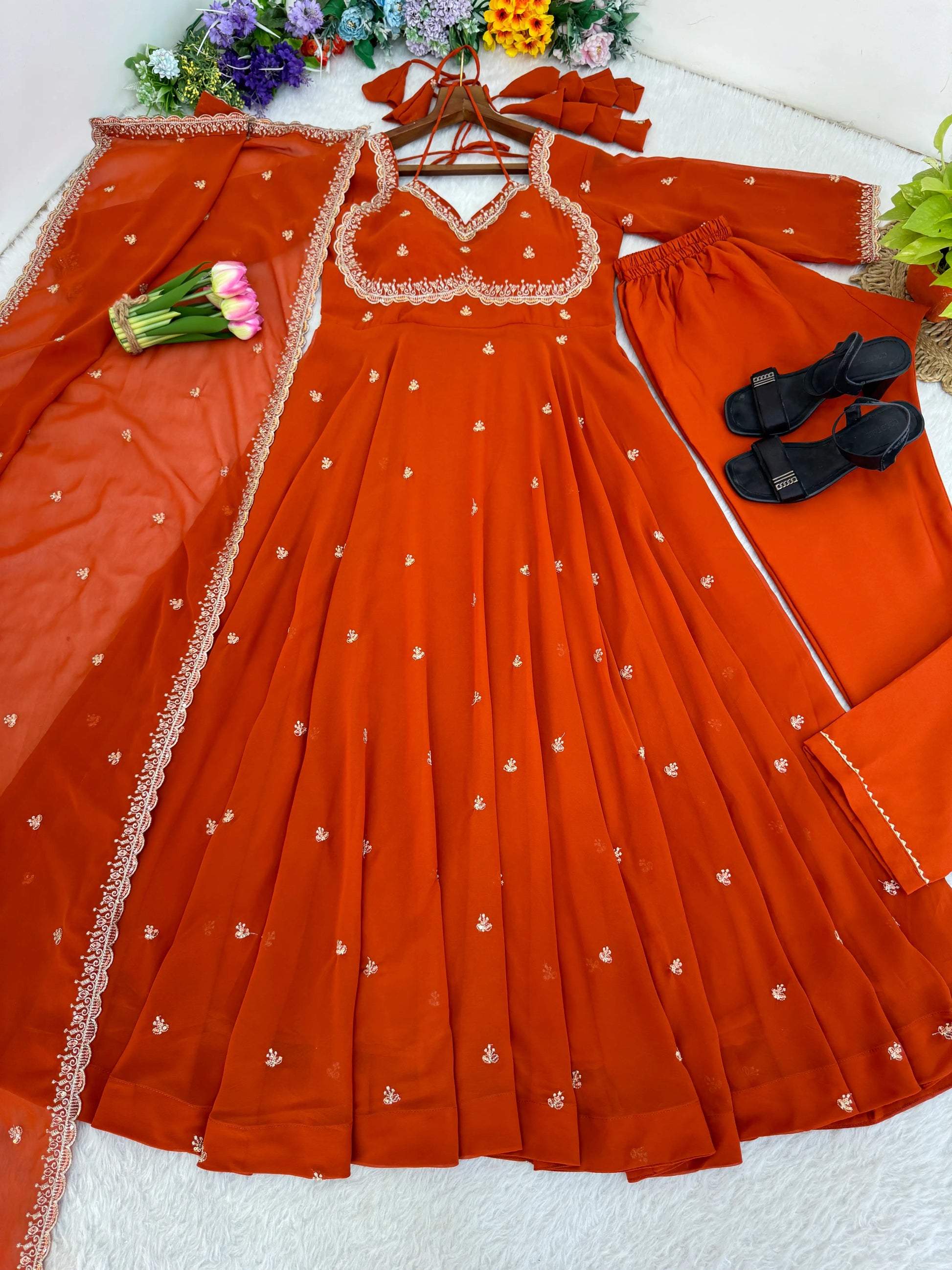 Fox Georgette Umbrella Gown Set with Embroidered Dupatta for Festive and Party Wear