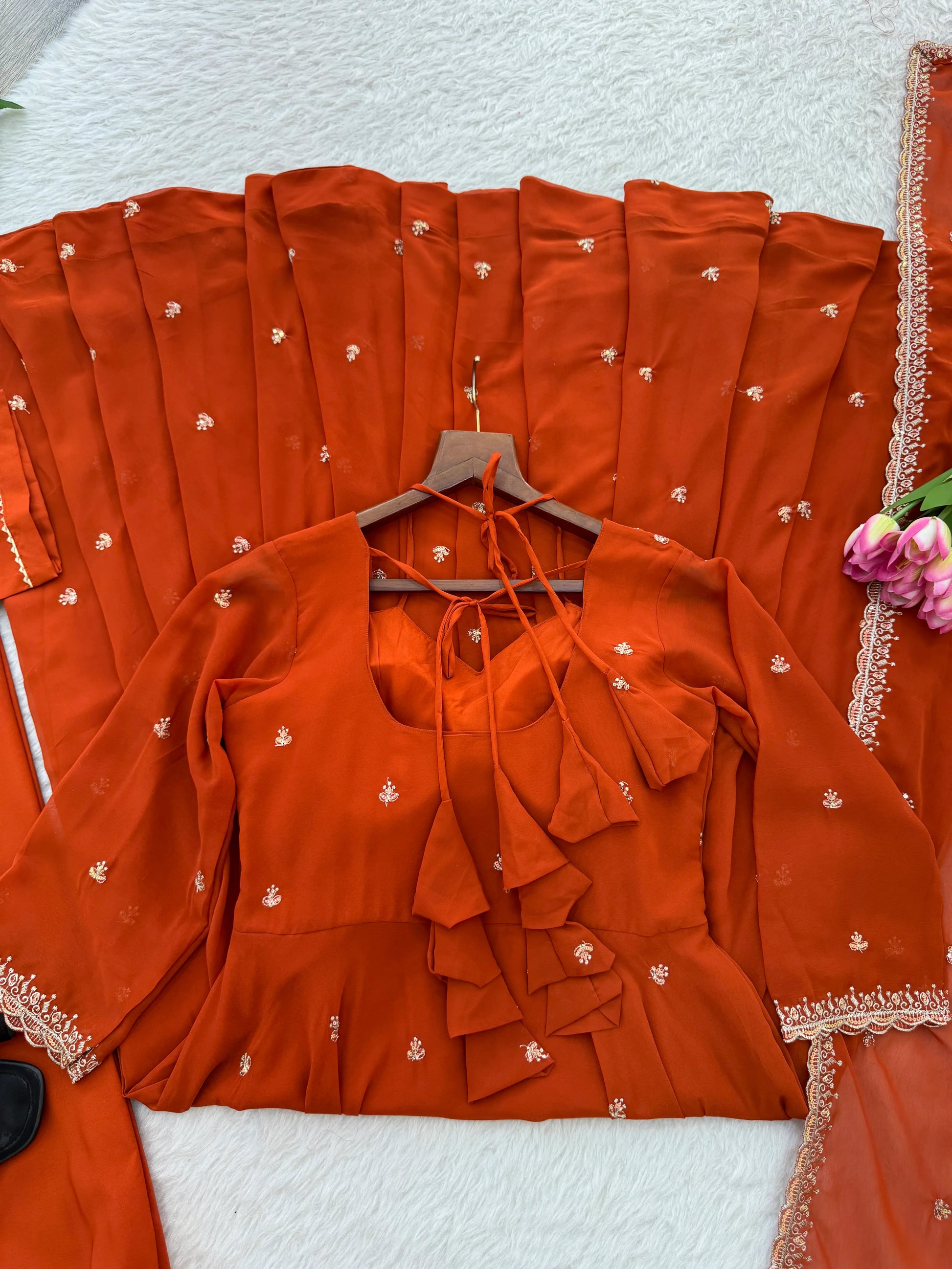 Fox Georgette Umbrella Gown Set with Embroidered Dupatta for Festive and Party Wear