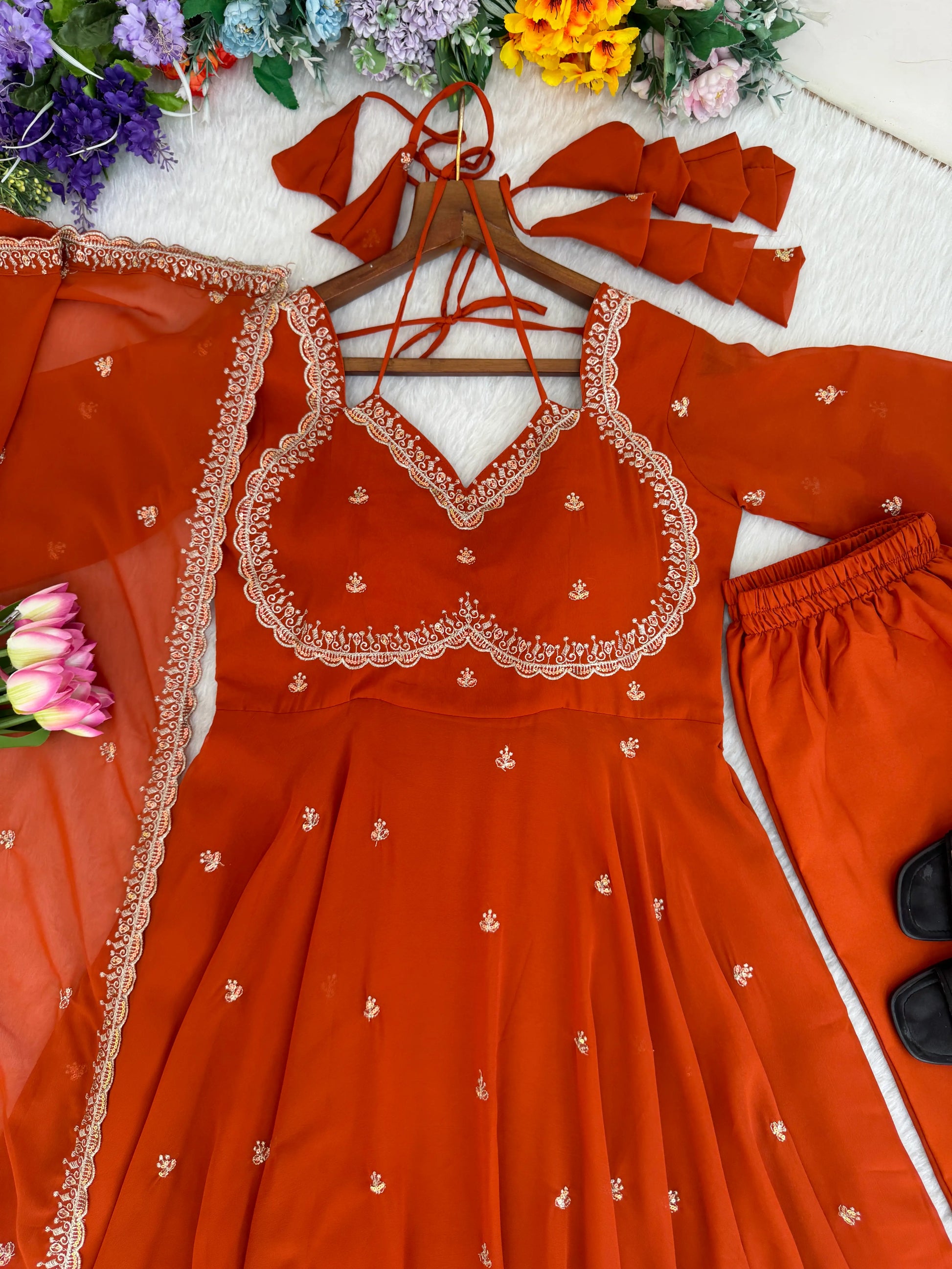 Fox Georgette Umbrella Gown Set with Embroidered Dupatta for Festive and Party Wear