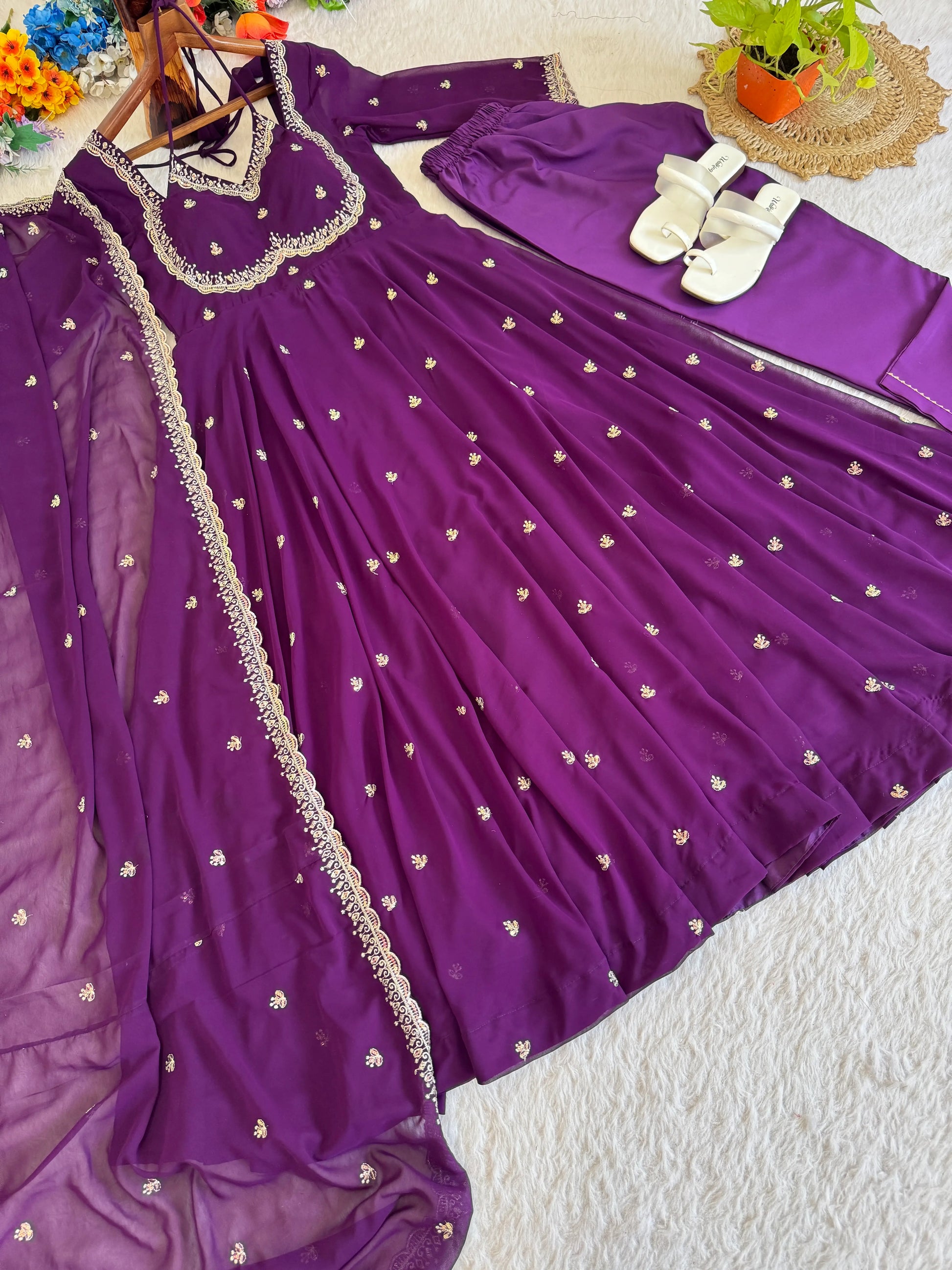 Fox Georgette Umbrella Gown Set with Embroidered Dupatta for Festive and Party Wear