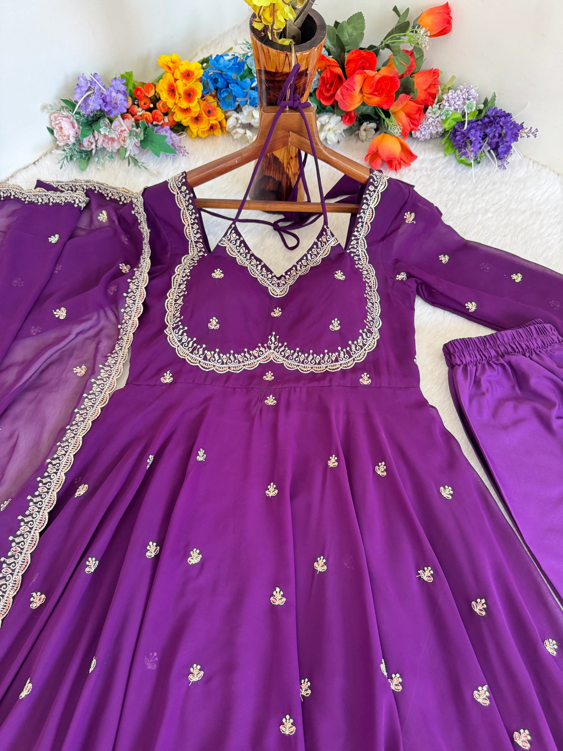 Fox Georgette Umbrella Gown Set with Embroidered Dupatta for Festive and Party Wear